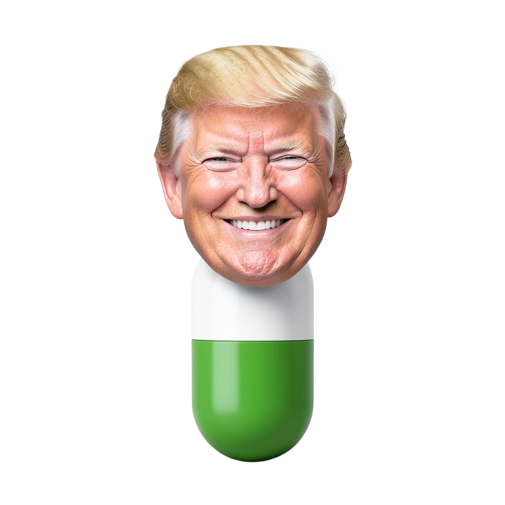 The DonaldPump pill — a green and white capsule topped with a grinning head